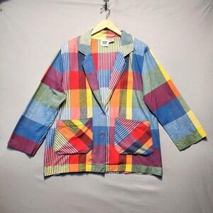 VTG Cotton Castle‎ Madras Plaid Jacket Womens Medium Colorful Patchwork Boho
